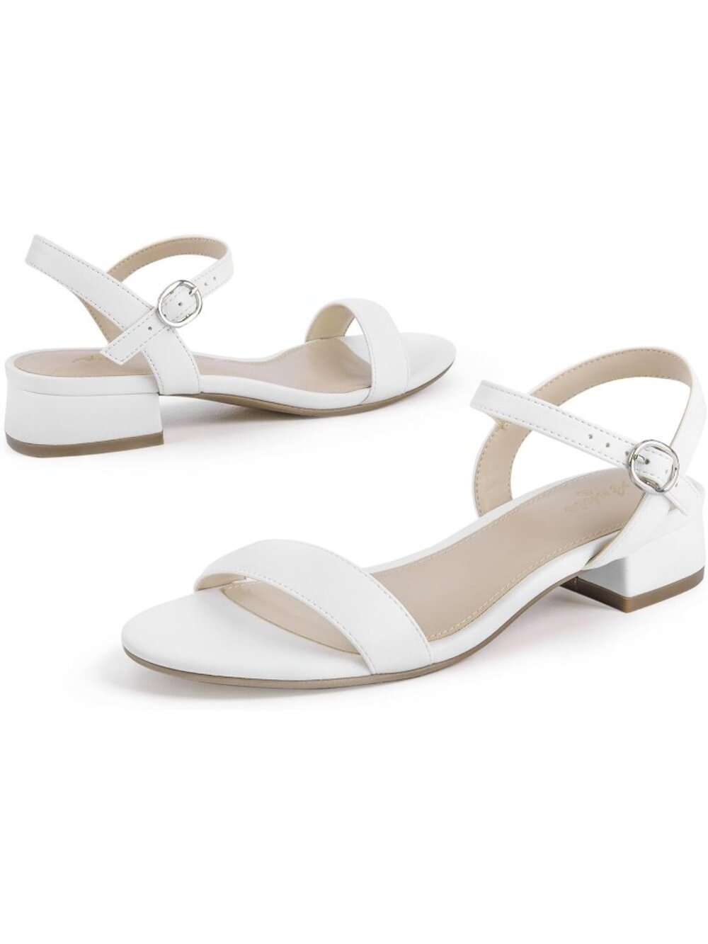 Women's White Pu Low Heel 1 Inch Dressy Sandal Ankle Strap Open Short Heeled